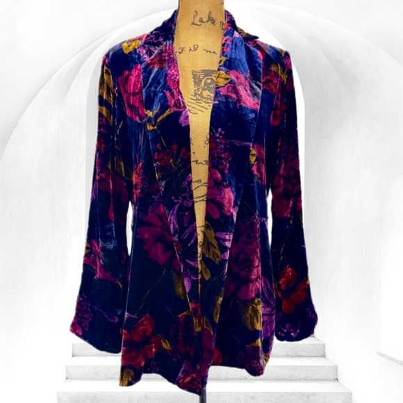 Trina Turk Jackets & Blazers - TRINA TURK silk velvet navy floral grand garden loose blazer jacket lapel M